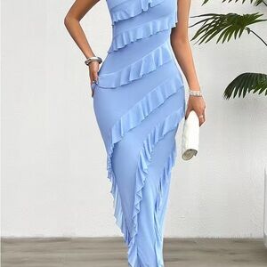 Elegant Light Blue Ruffle Bodycon Dress - Women